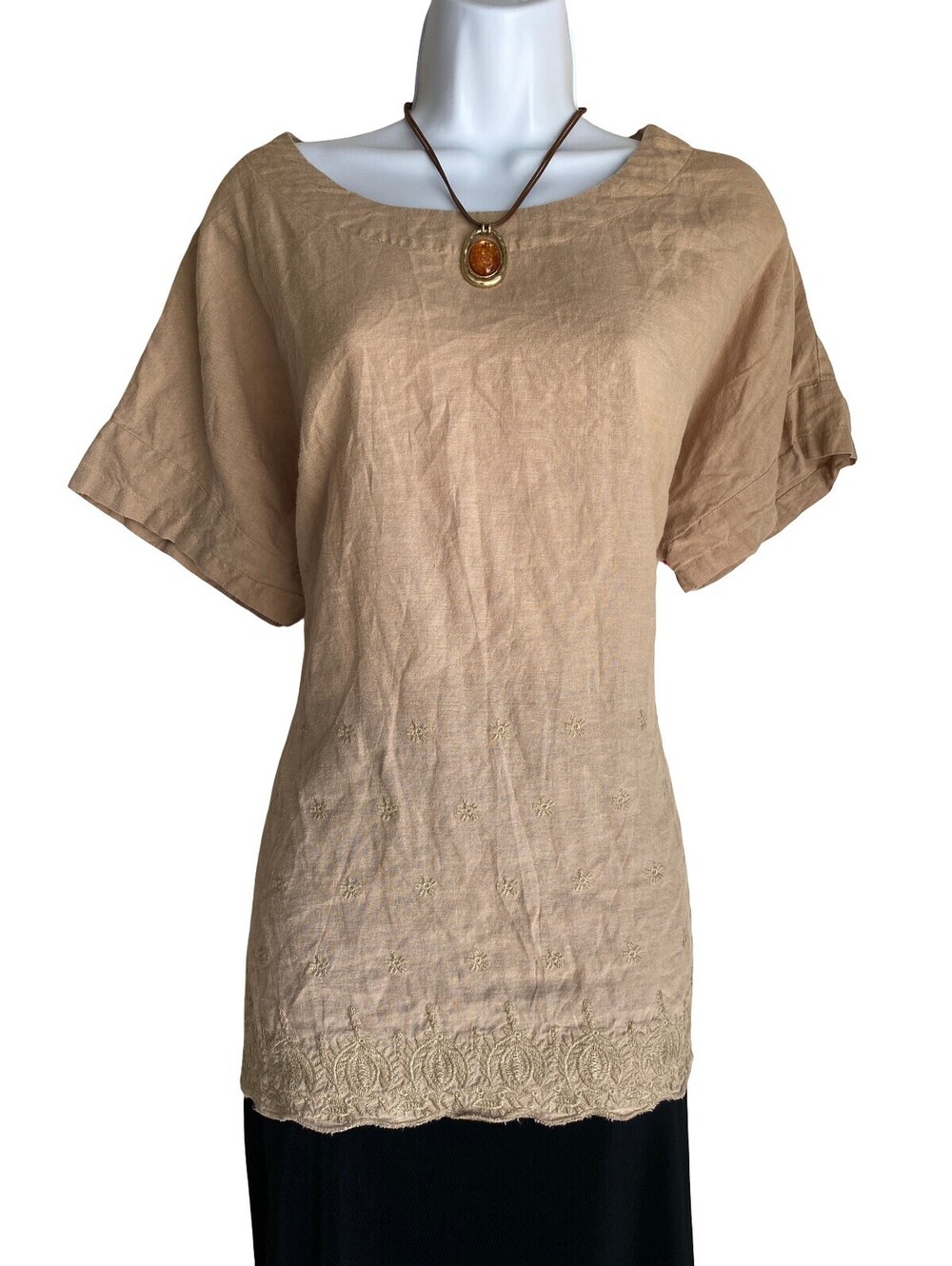 VTG Womens XL Linen Tunic Blouse Embroidered Lace Boho Festival Fall